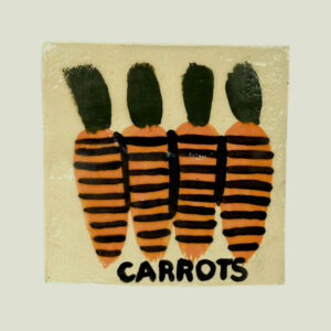 Drawing of four carrots on ceramic tile.